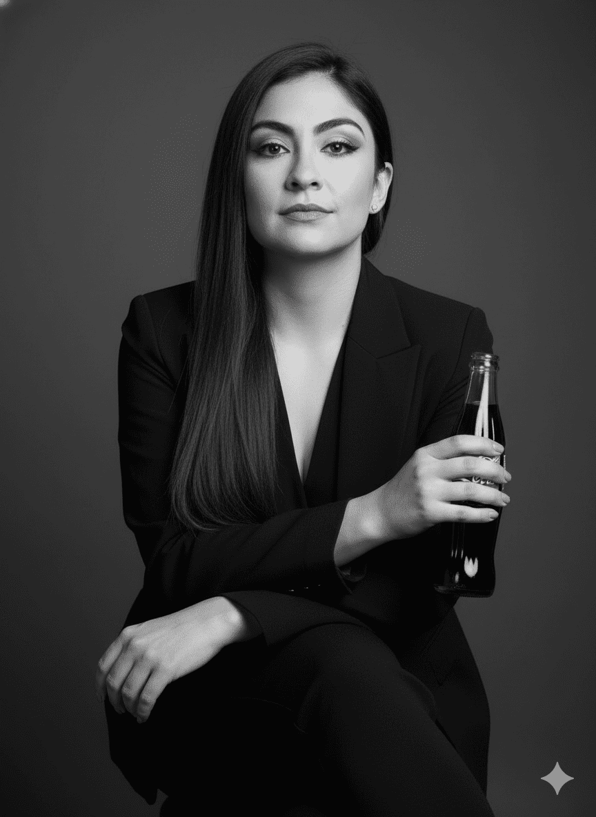 Retrato elegante en blanco y negro con coca cola