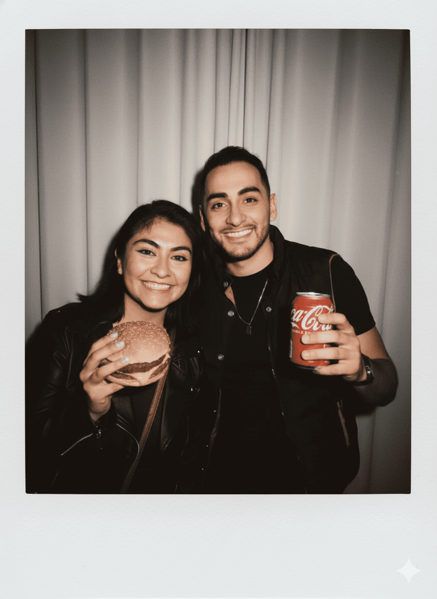 Polaroid con Coca Cola y Hamburguesa