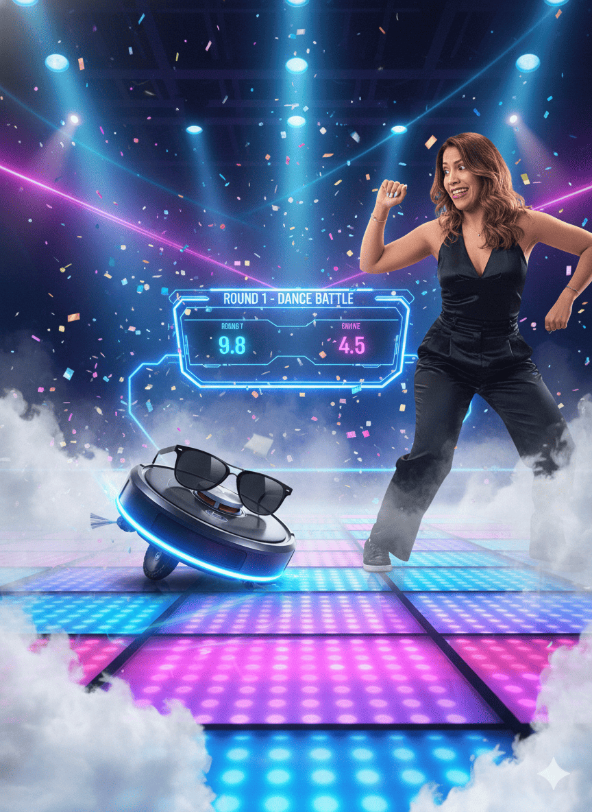 Yo en una competencia de baile contra una aspiradora automática