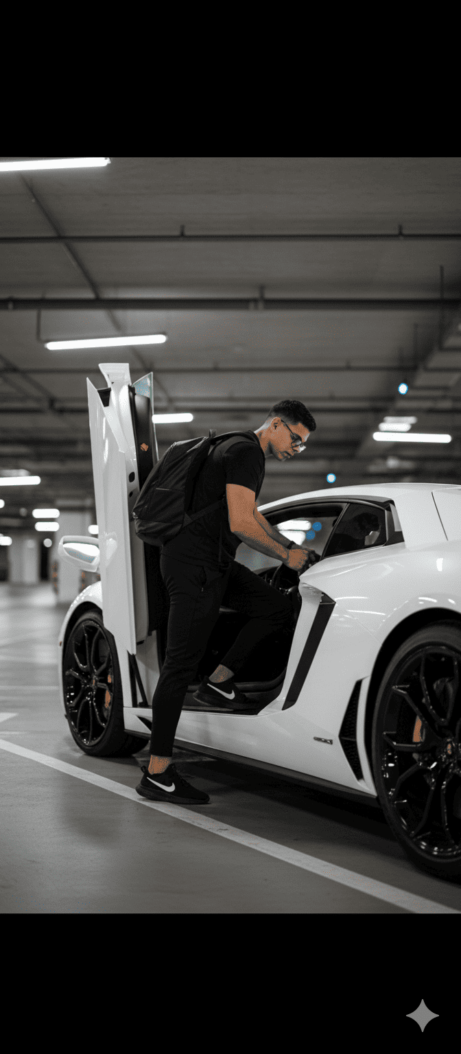 Entrando a un Lamborghini Blanco
