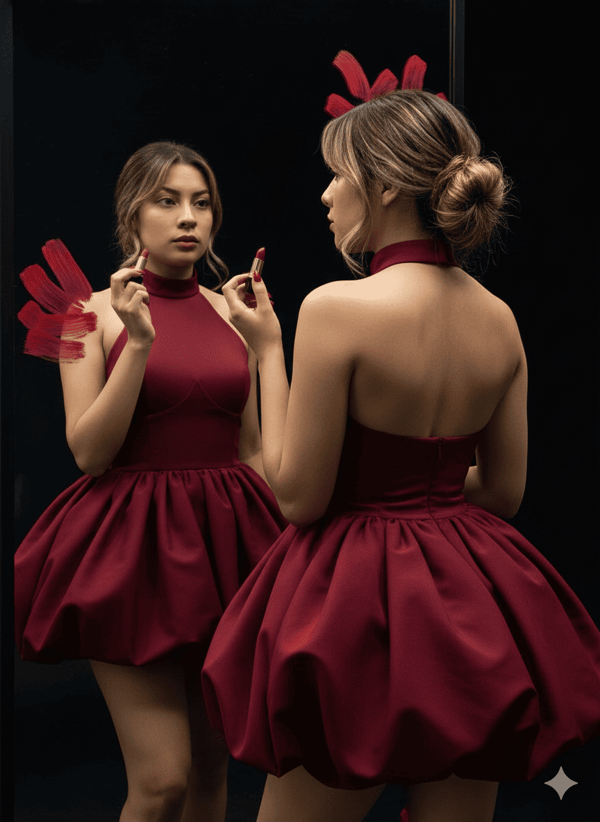 Mujer glamorosa mirando su reflejo en el espejo