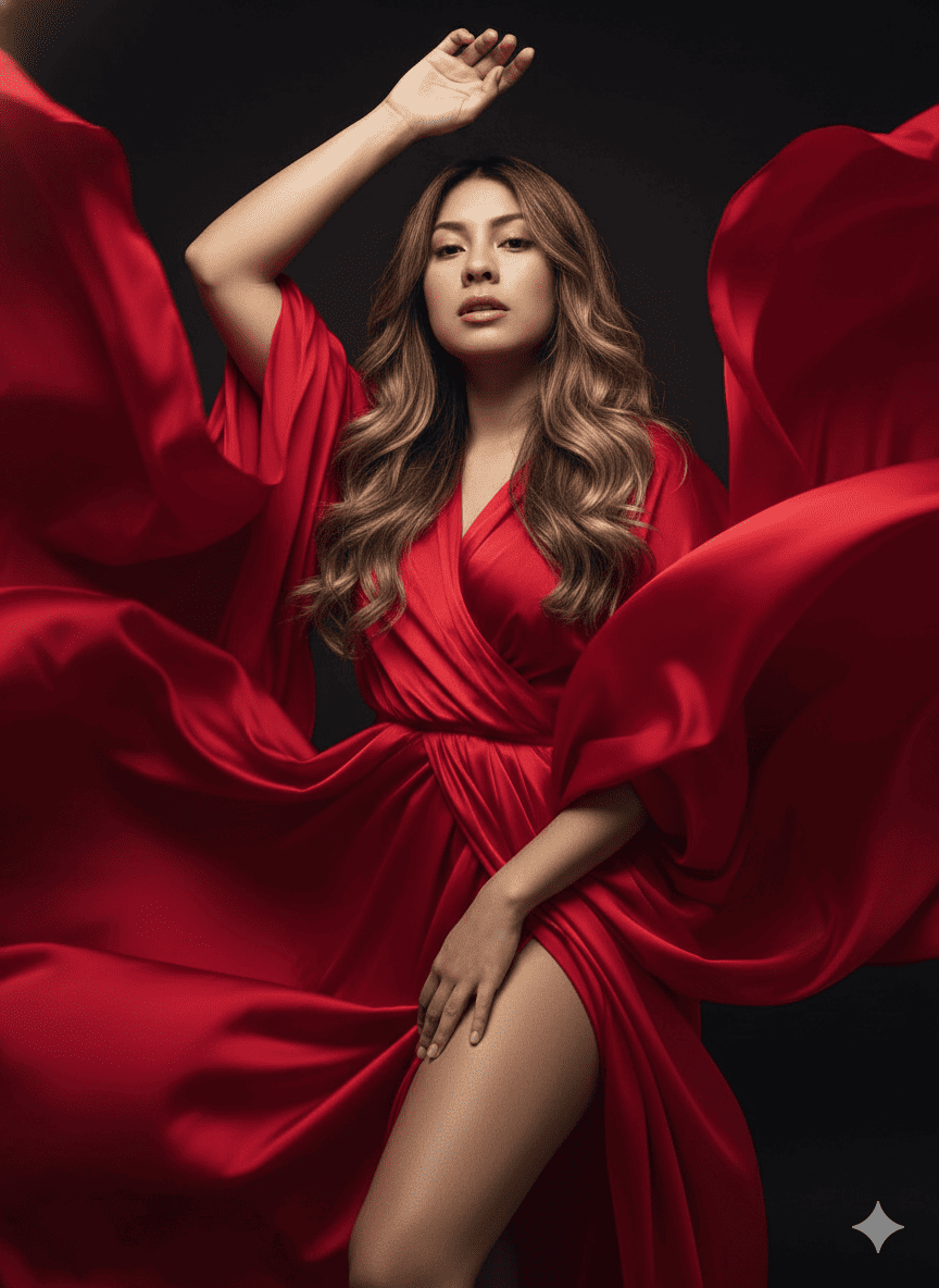 Mujer vestida con telas rojas vaporosas