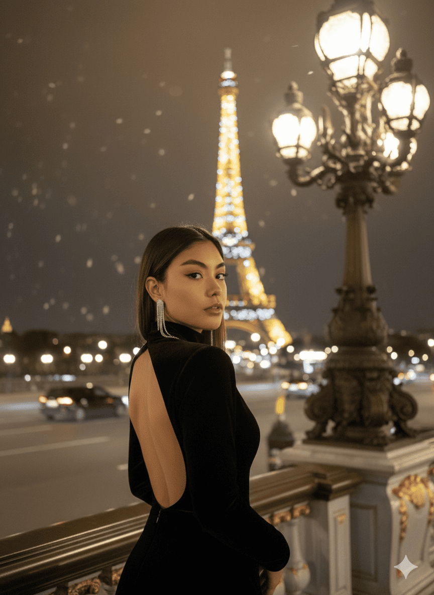 Mujer frente a la torre Eiffel