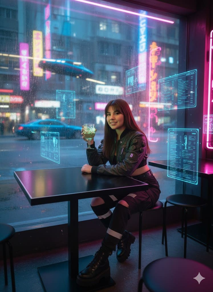 Café Neo-Cyberpunk bajo la Lluvia