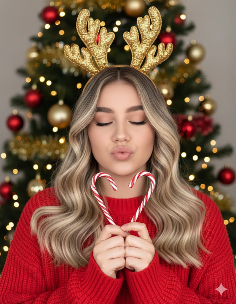 Mujer con suéter rojo y bastones de caramelo 