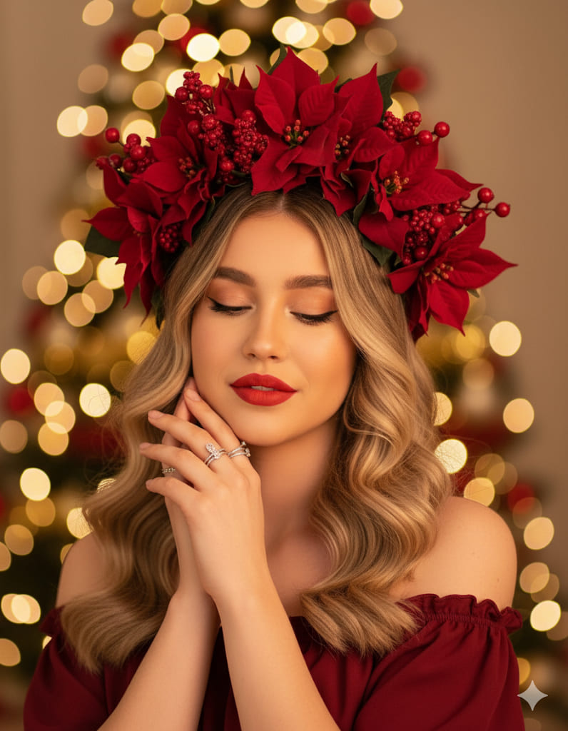 Mujer con Corona de Poinsettia y Luces Bokeh Este prompt destaca la corona floral, la pose de ensueño y el fondo de luces de ensueño.
