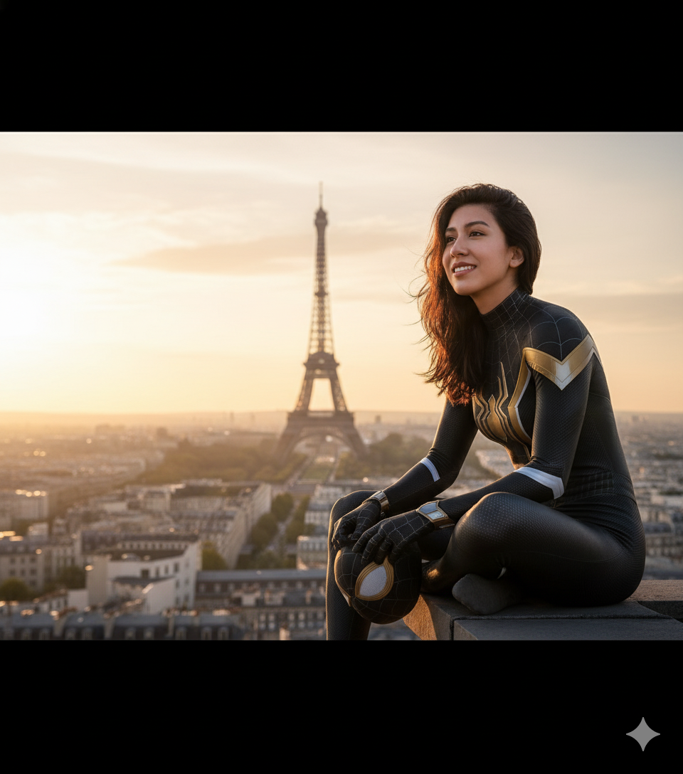 Superheroína en París con la Torre Eiffel