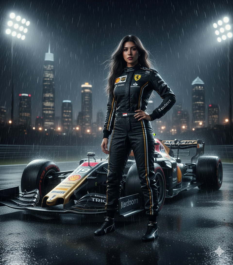 Imagen de la mujer en traje de piloto de Fórmula 1 frente a un coche
