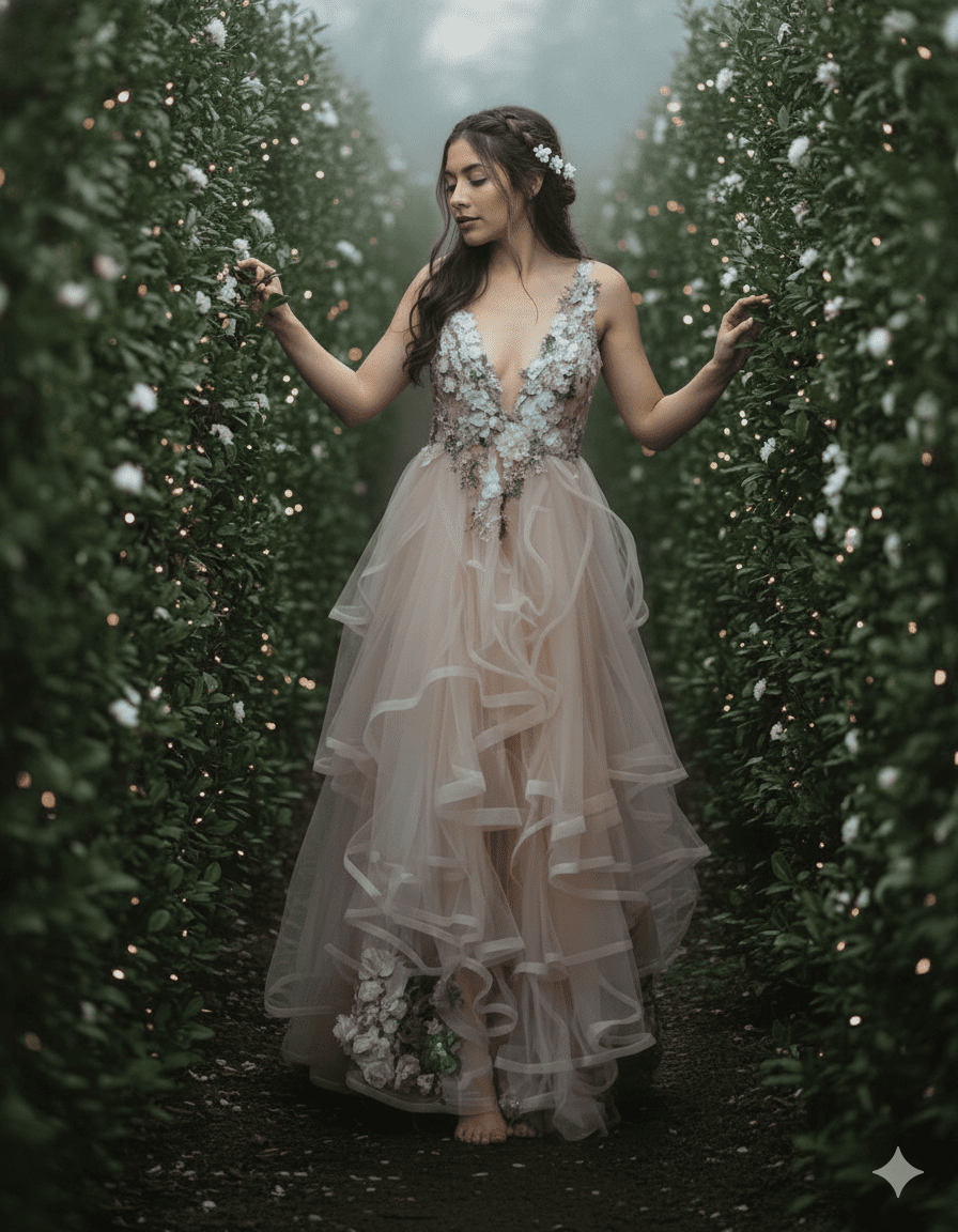 Mujer en sendero con arbustos 