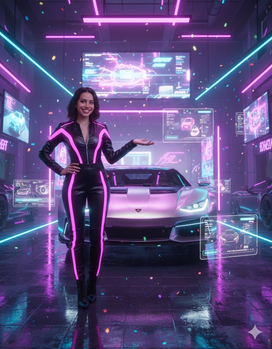 Vendedora en una agencia futurista estilo TikTok”