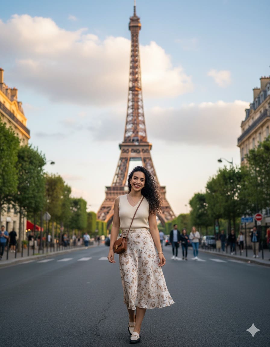Foto turística en París, Torre Eiffel detrás”