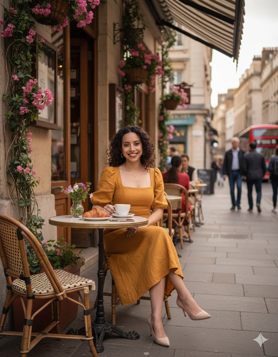 En un café bonito de ciudad europea”