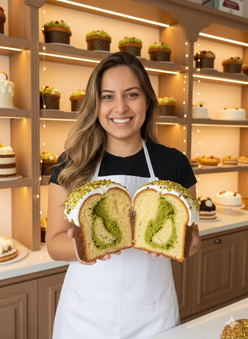 Sosteniendo un paneton relleno de pistacho 