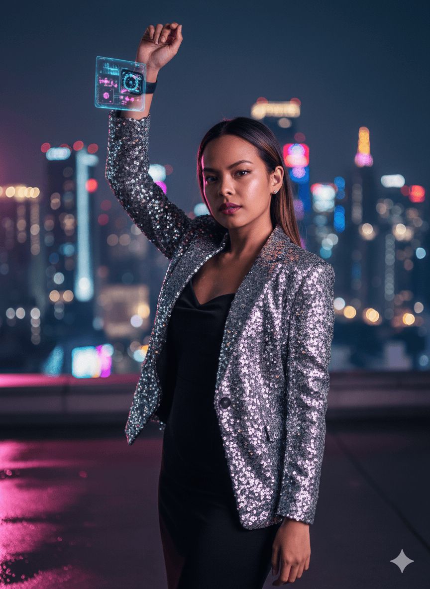 azotea de ciudad +  reloj inteligente en la muñeca con la pantalla encendida