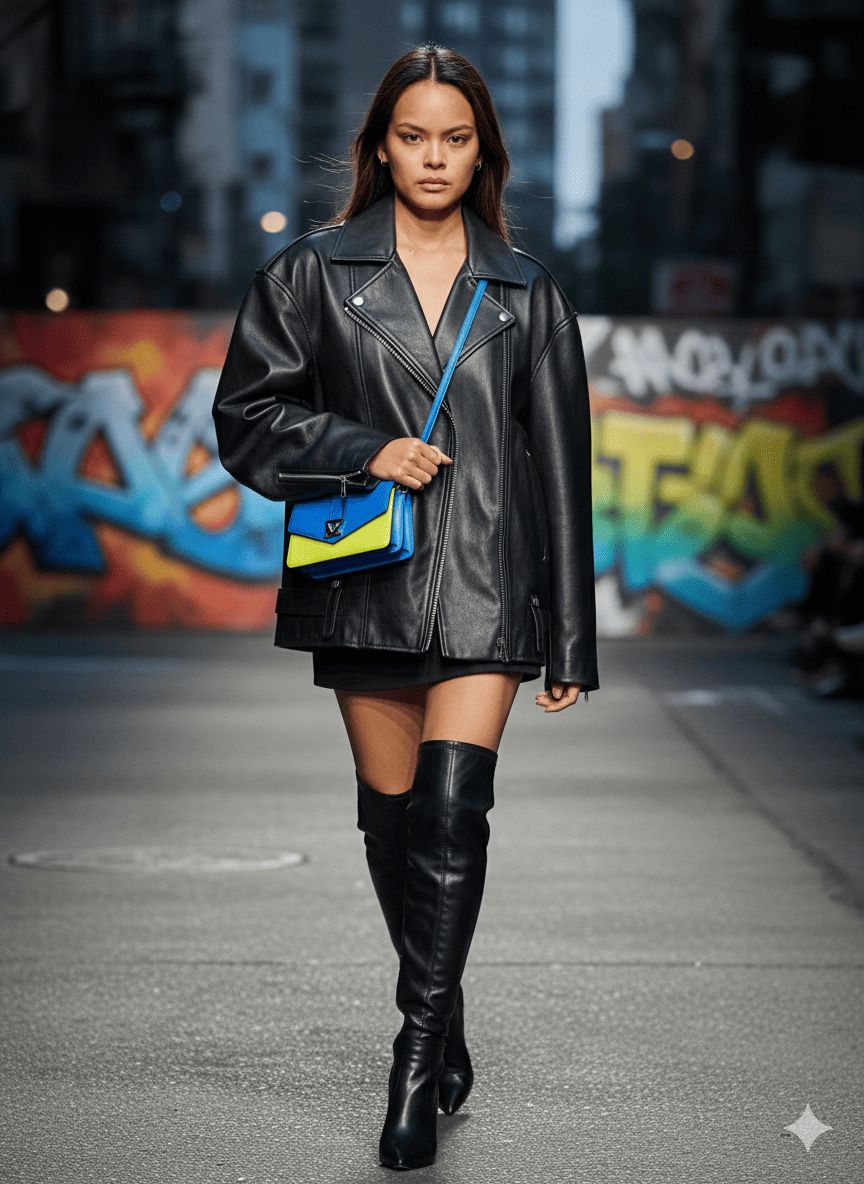 pasarela de moda urbana + bolso de hombro pequeño de diseño geométrico y color llamativo 