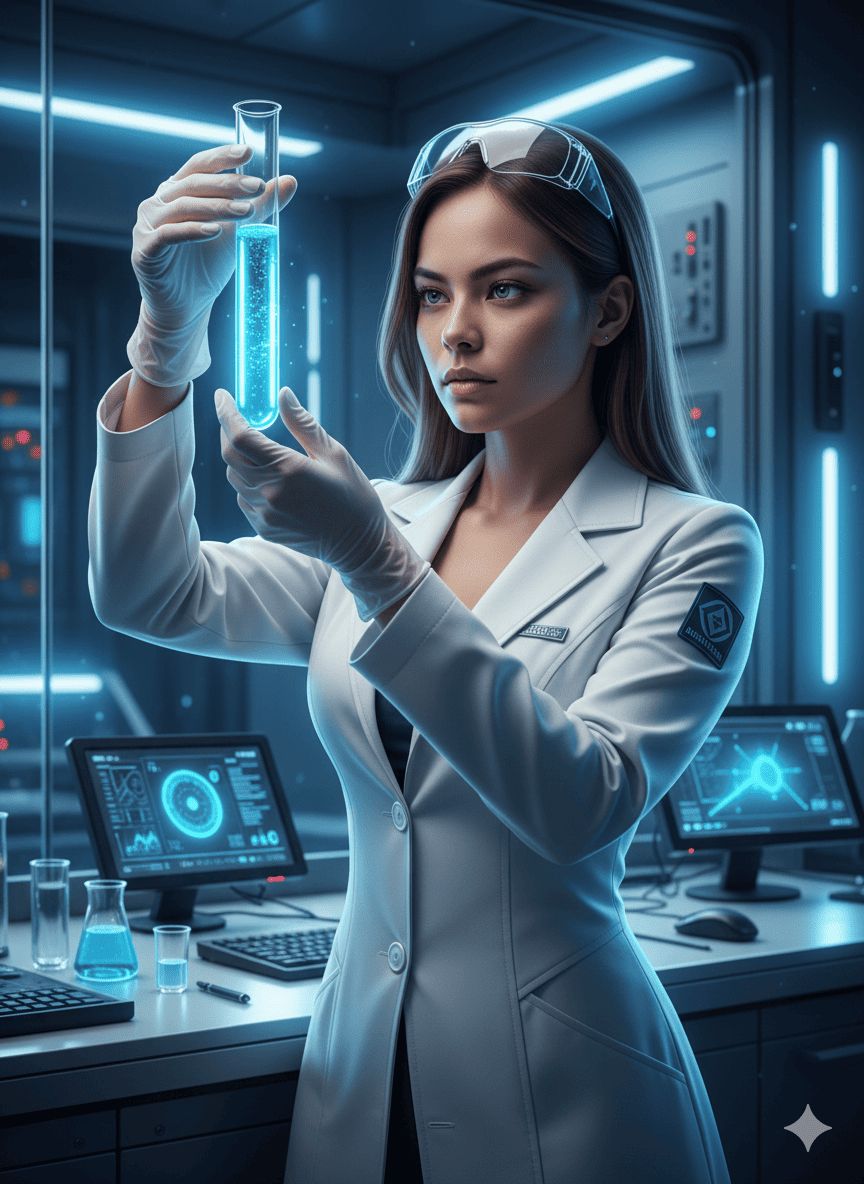 laboratorio científico futurista + probeta brillante con un líquido de color neón azul y burbujeante