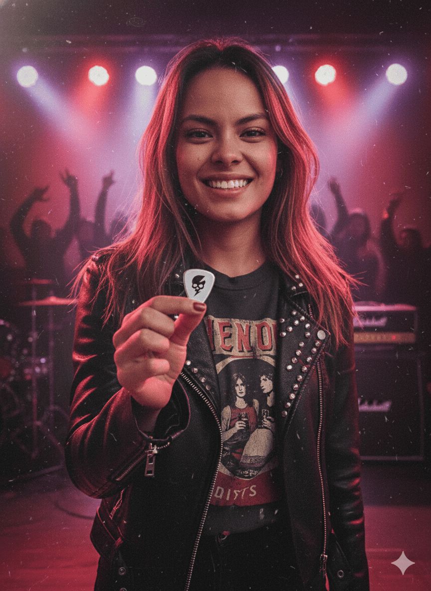 escenario de un concierto de rock indie +  púa de guitarra personalizada 