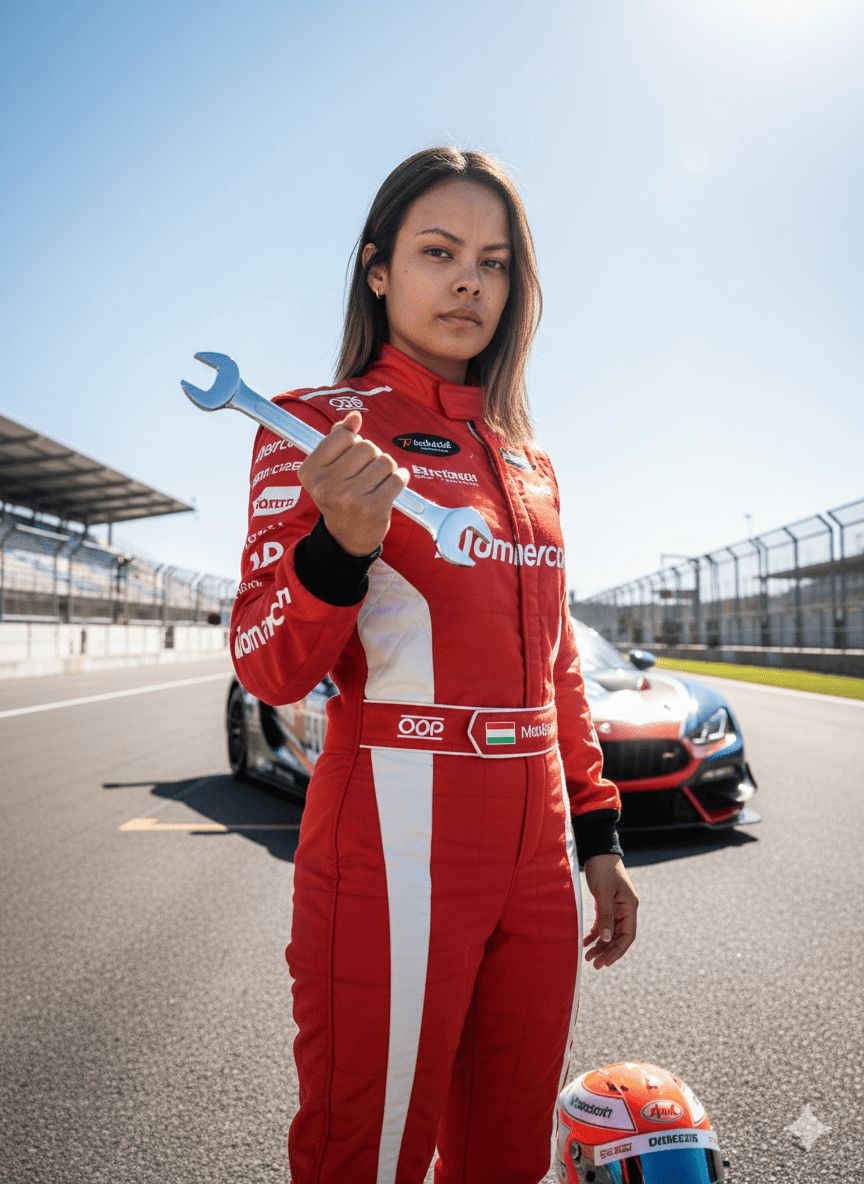 auto de carreras deportivo en una pista +  llave inglesa cromada y brillante