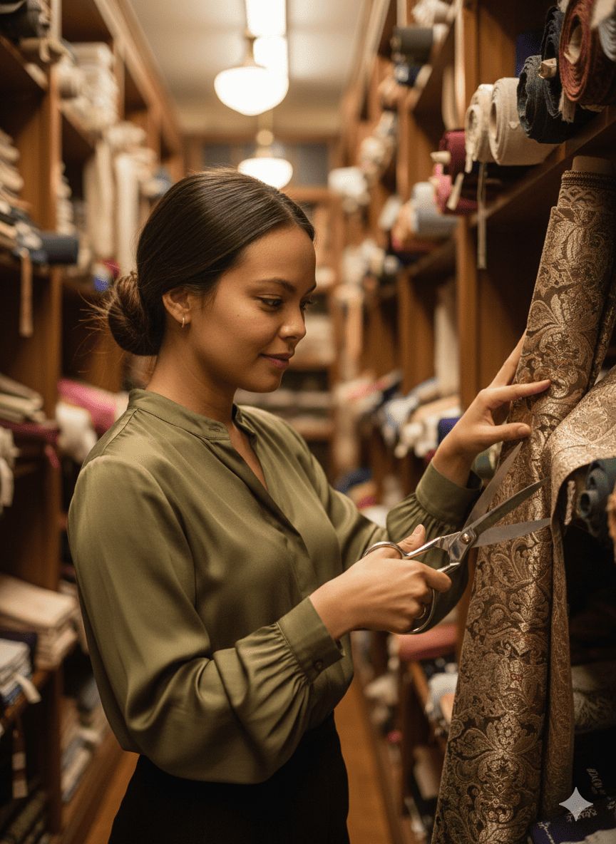 pasillo de una tienda de telas histórica y antigua + tijeras de corte de acero inoxidable de alta calidad 