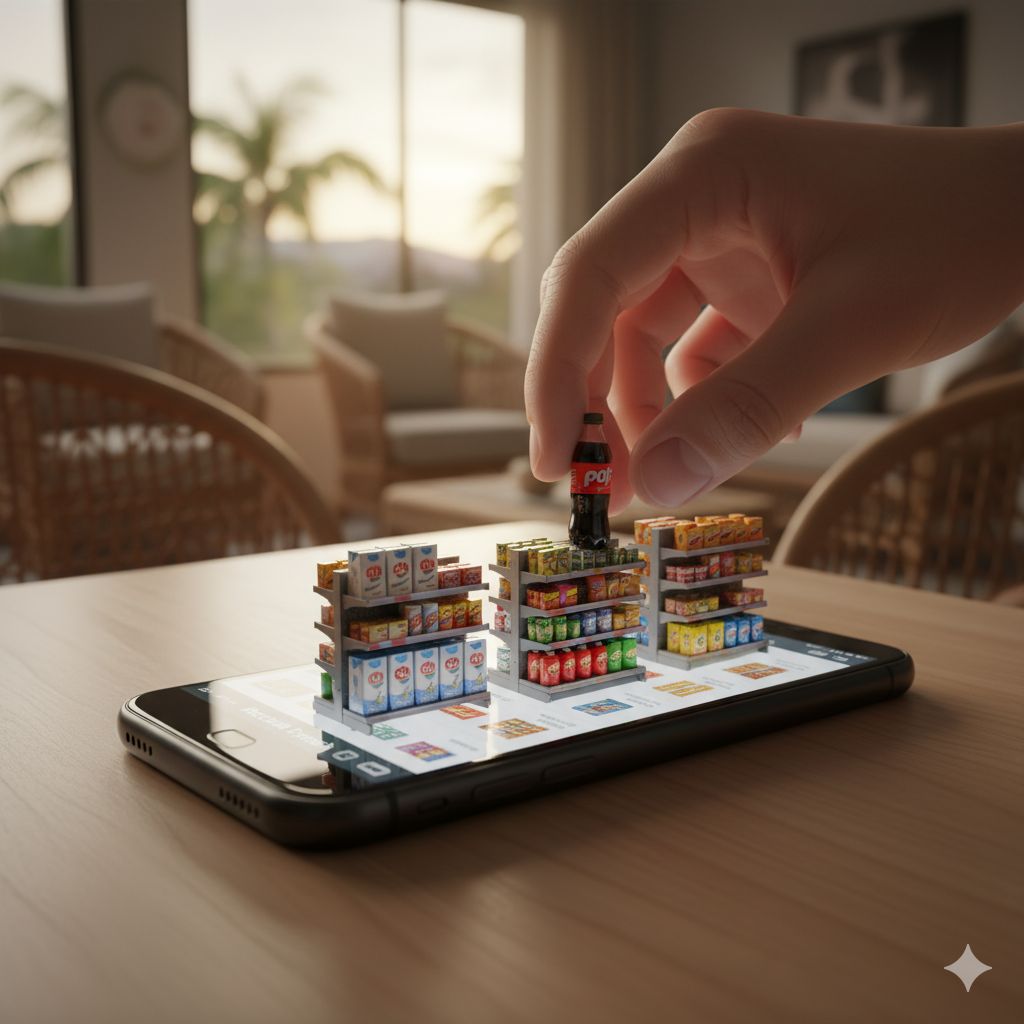 Supermercado en miniatura sobre el celular