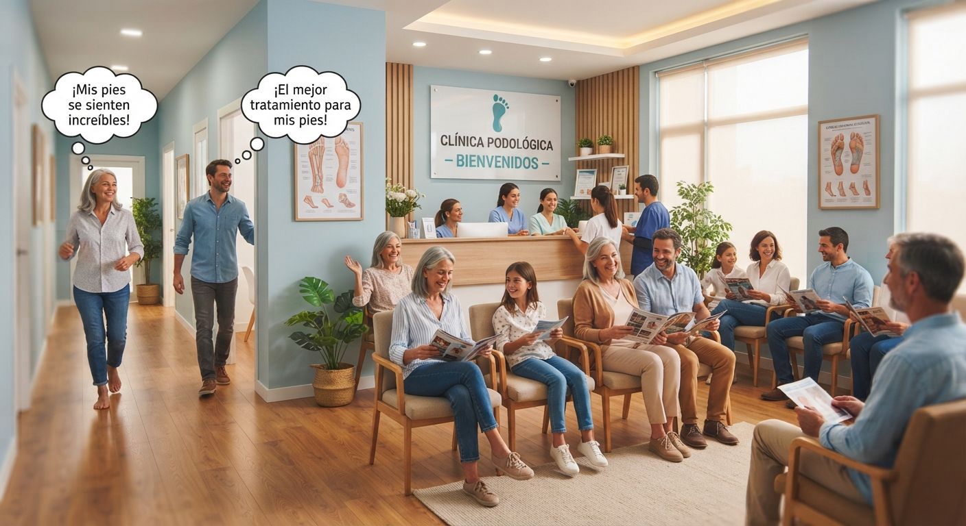Sala de Espera de Podología con Pacientes Aliviados y Texto