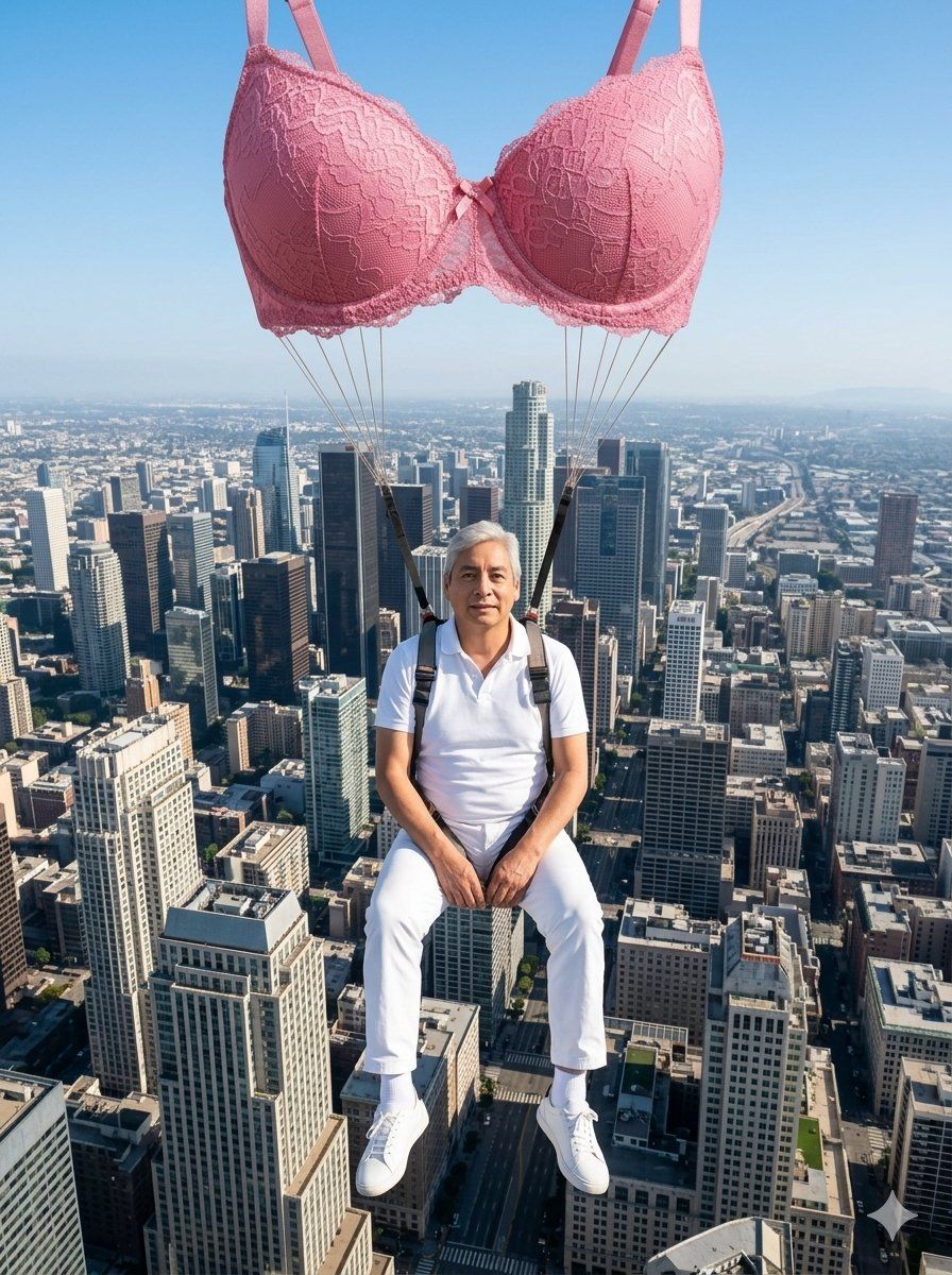 Giant pink lace bra as a parachute