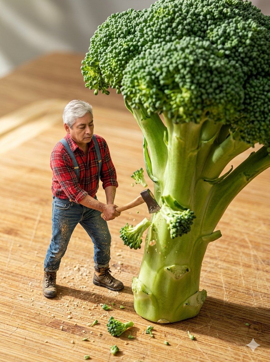 Chopping down a stalk of broccoli