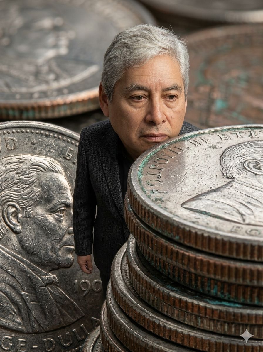 Standing on a stack of coins