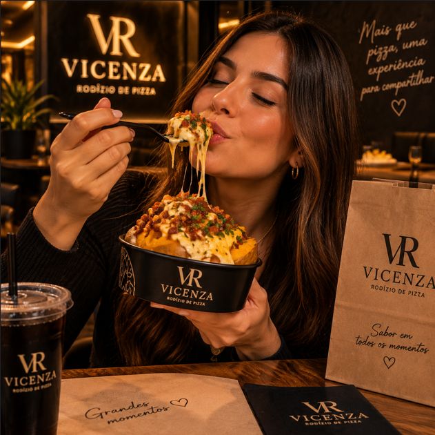 Fotografía gastronómica de mujer disfrutando Batata Recheada en restaurante premium Vicenza