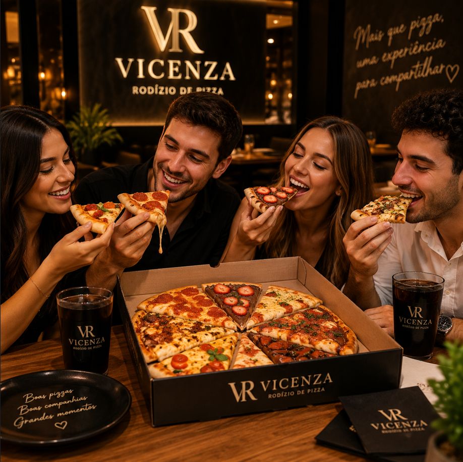 Fotografía gastronómica de amigos disfrutando Rodízio de Pizza 