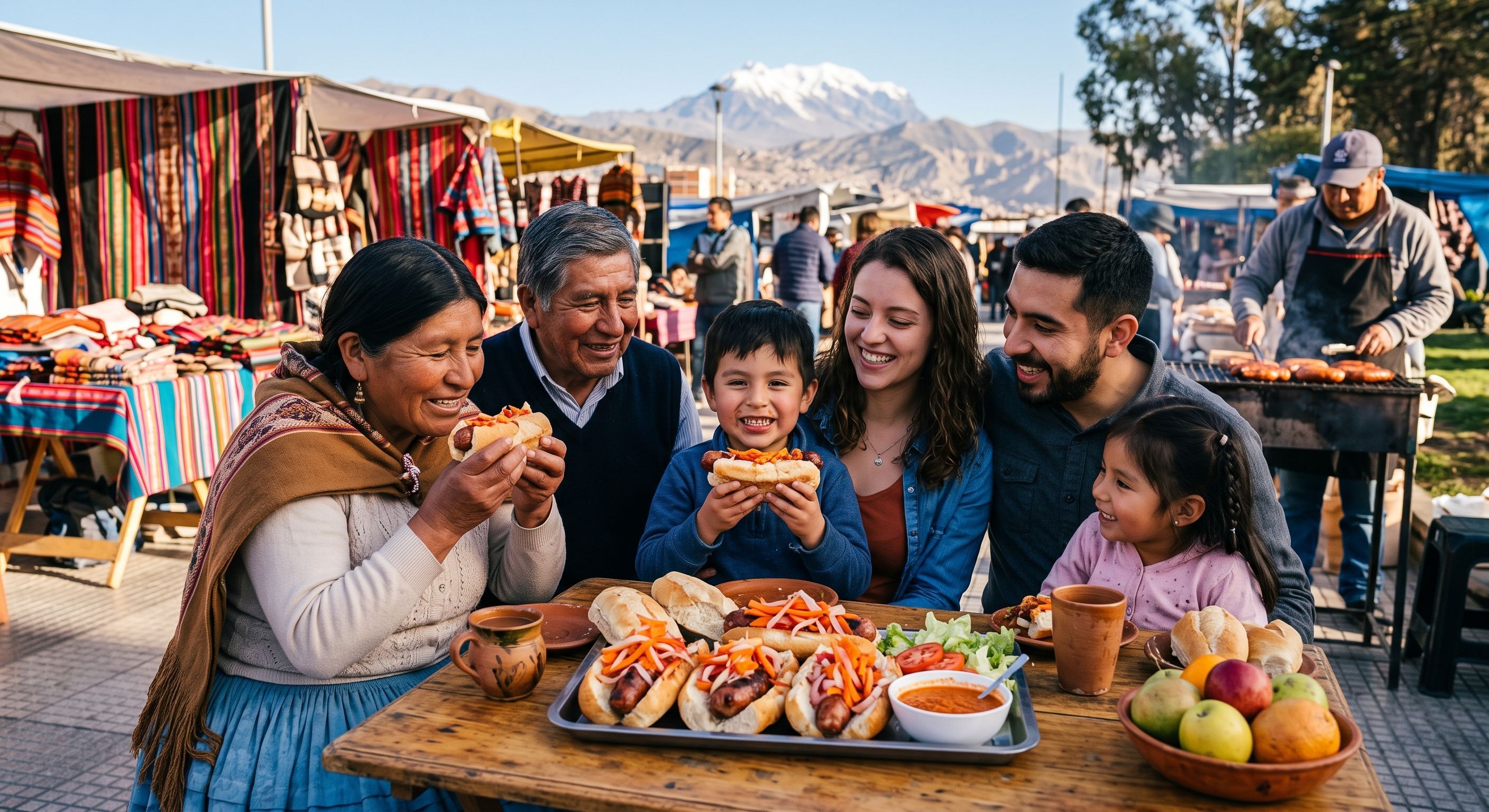 comiendo completos con la familia en un paisaje con montañas