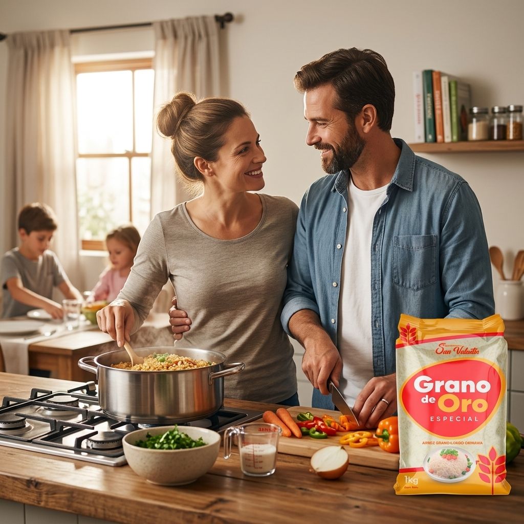 Muestra la preparación en pareja, reforzando la idea de que cocinar con buen arroz es un momento para compartir en hogar.