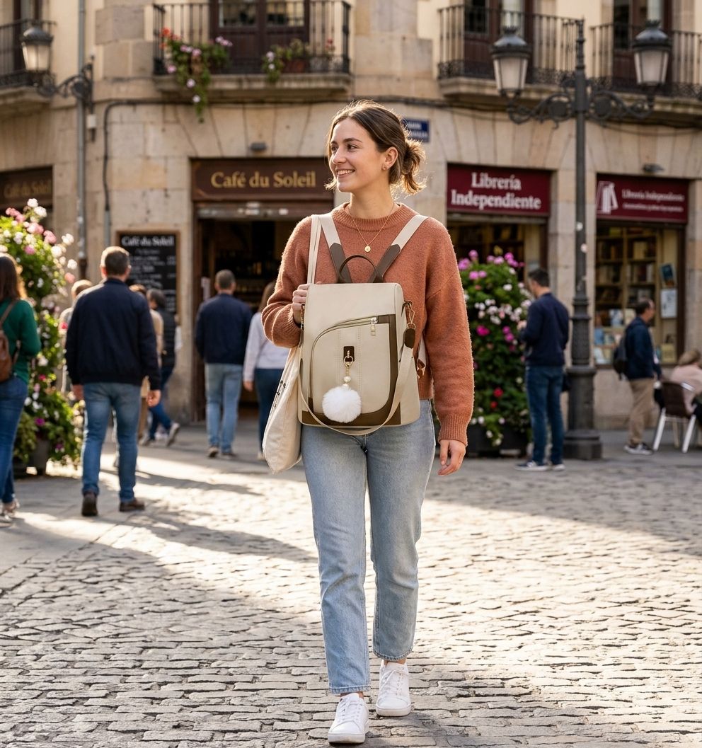 Una mujer sonriente caminando por una calle empedrada europea con una mochila de moda.