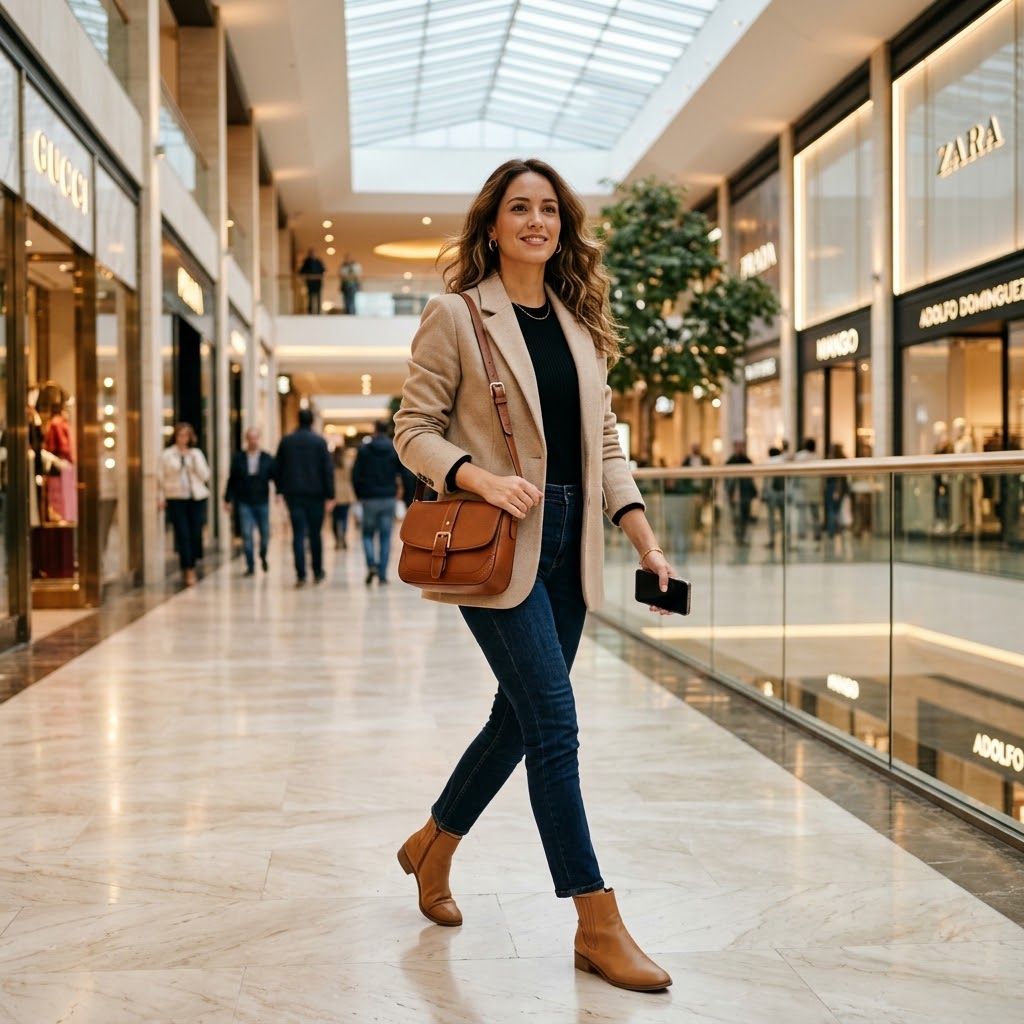 Modelo con Bandolera de Cuero en Centro Comercial