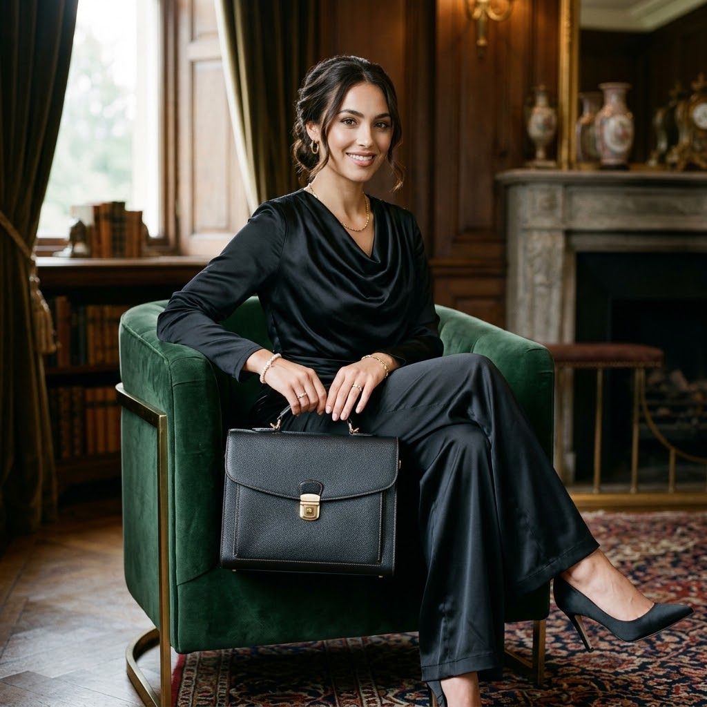 Retrato Elegante en Sillón con Maletín de Cuero