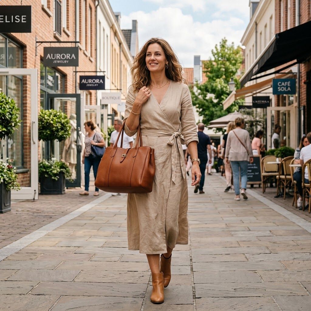 Modelo Elegante en Calle Comercial con Bolso Tote
