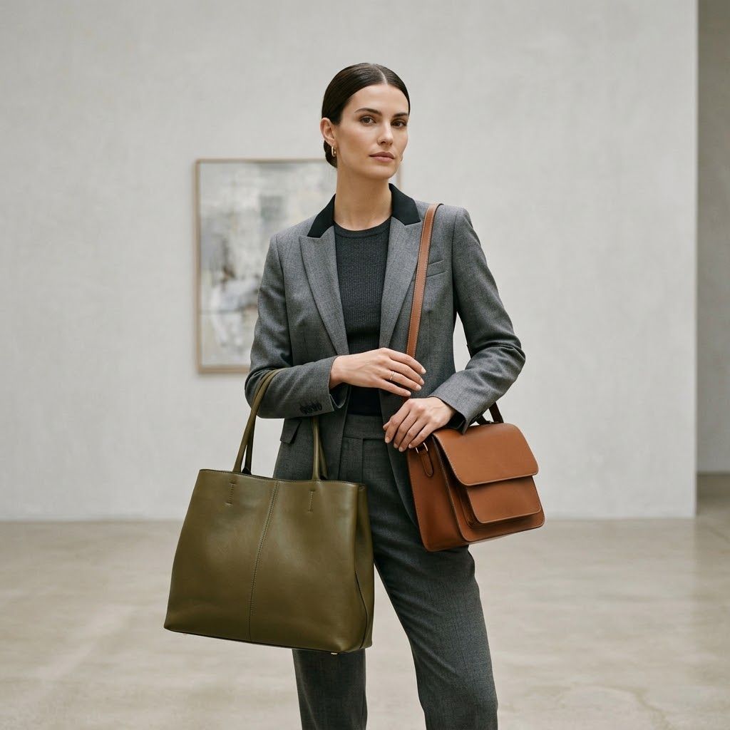 Traje Gris Formal y Dos Bolsos de Cuero
