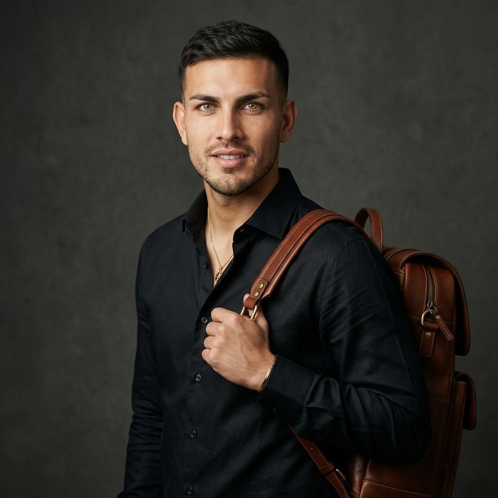 Retrato de Estudio de Futbolista Latino Leandro Paredes con Mochila de Cuero