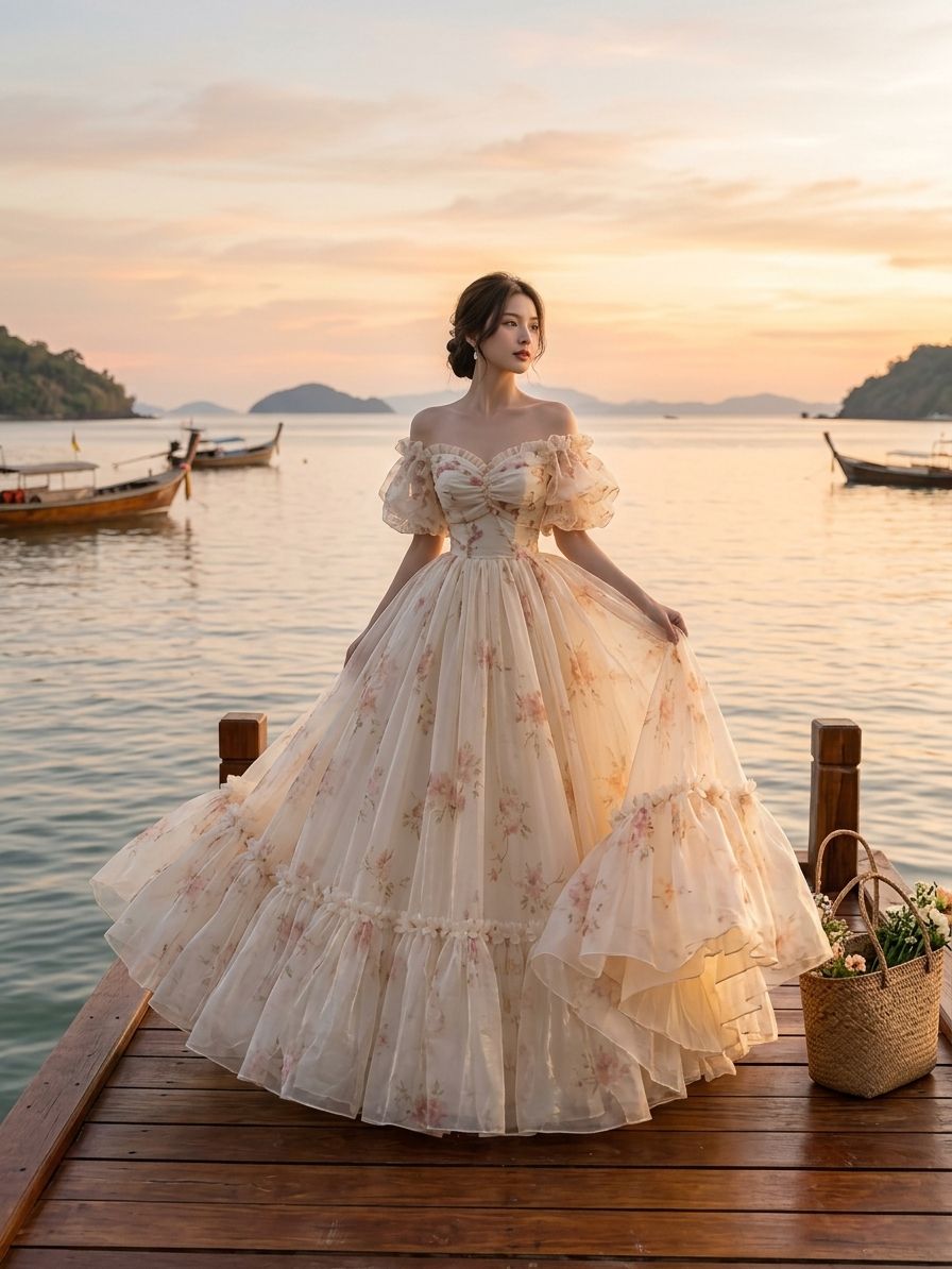 Joven con vestido floral vintage en muelle de madera al atardecer