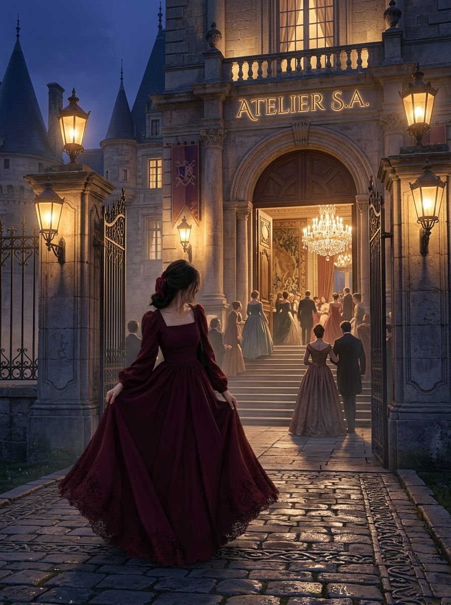 Mujer elegante con vestido borgoña frente a palacio europeo