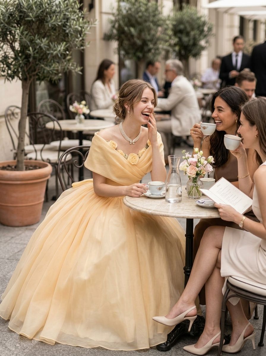Mujer con vestido de princesa amarillo riendo en terraza de café parisino