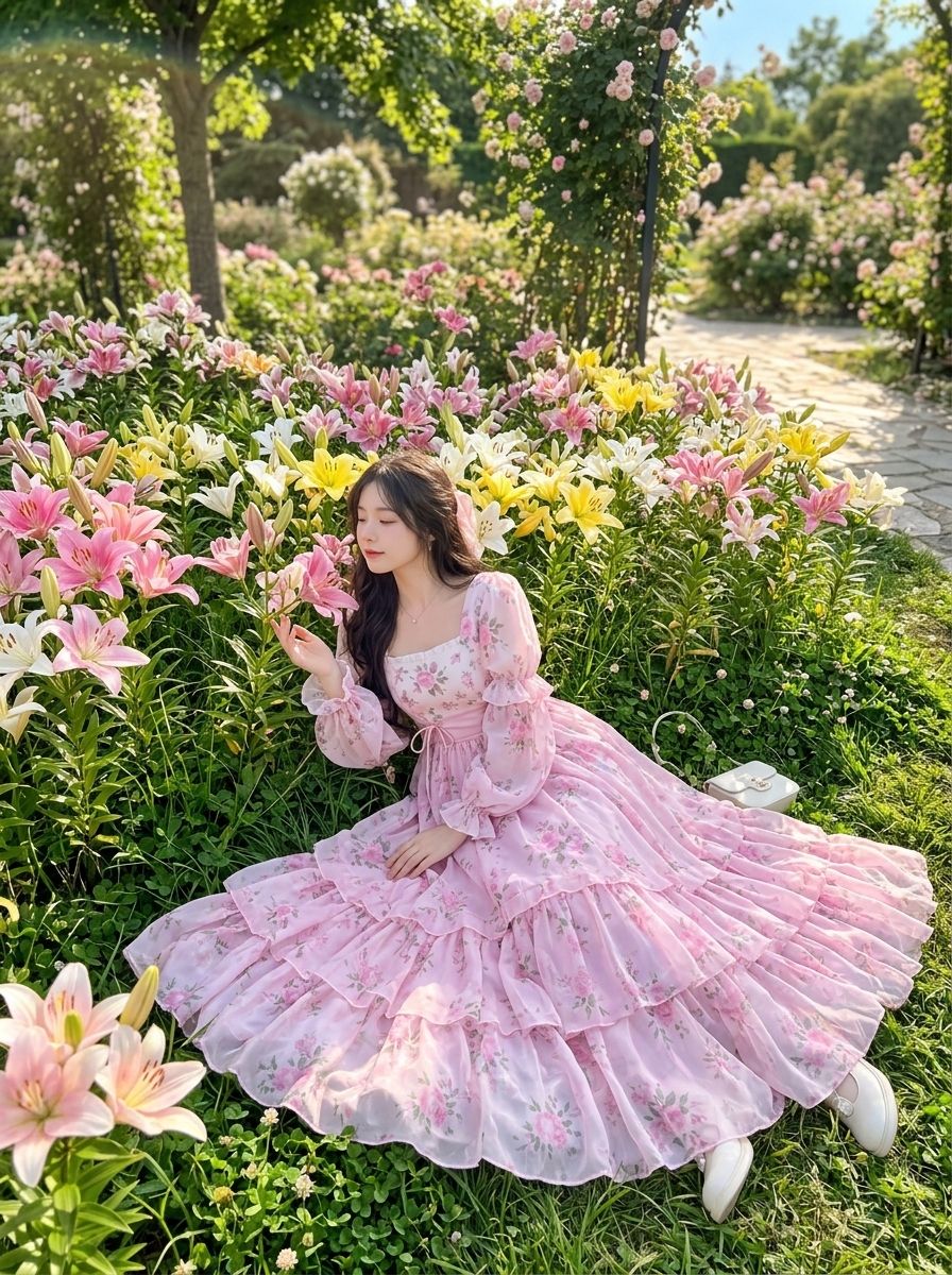 Joven con vestido floral rosa sentada en un jardín de lirios en flor