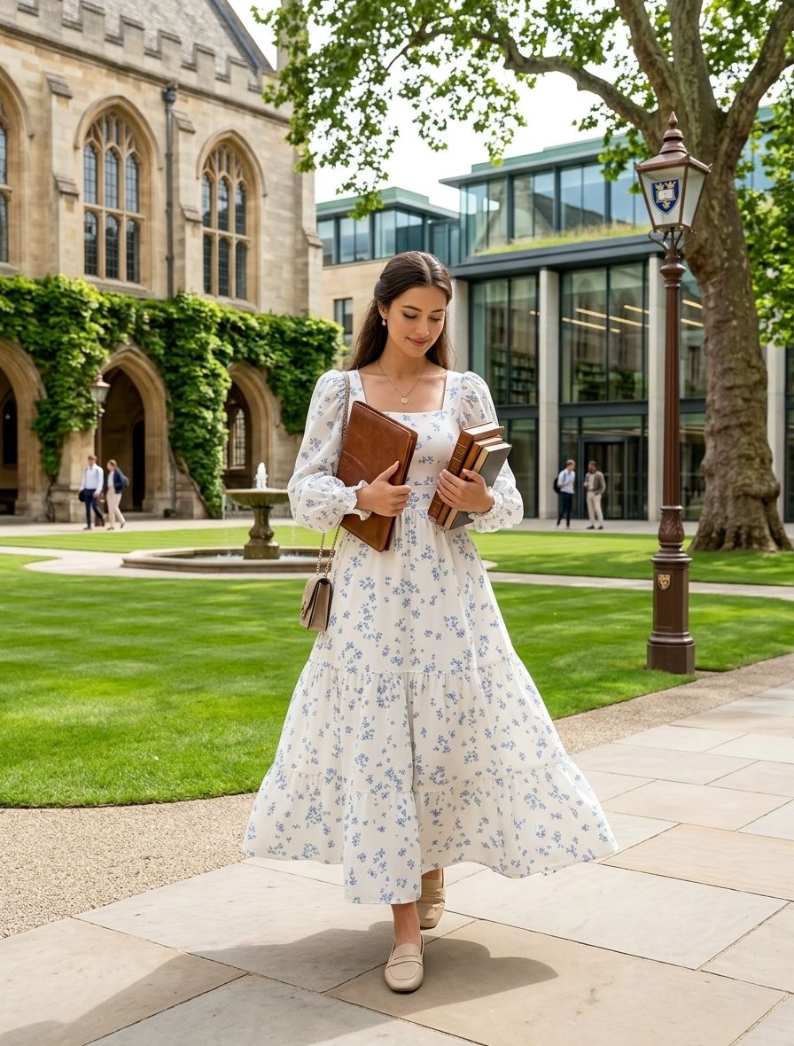 Joven estudiante con vestido largo blanco floral caminando por el campus universitario